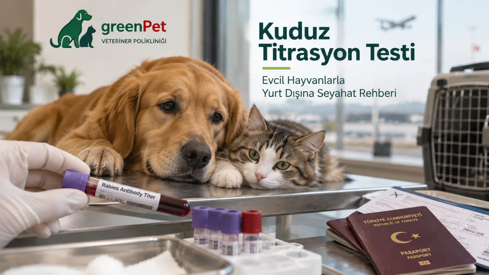 Kuduz titrasyon testi: köpek ve kedi, kan numunesi tüpü, pasaport ve seyahat kafesi